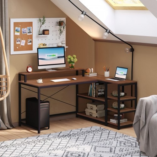 Γραφείο γωνιακό αναστρέψιμο Tebul  MDF-metal σε καρυδί απόχρωση 130x60x88εκ - Image 2