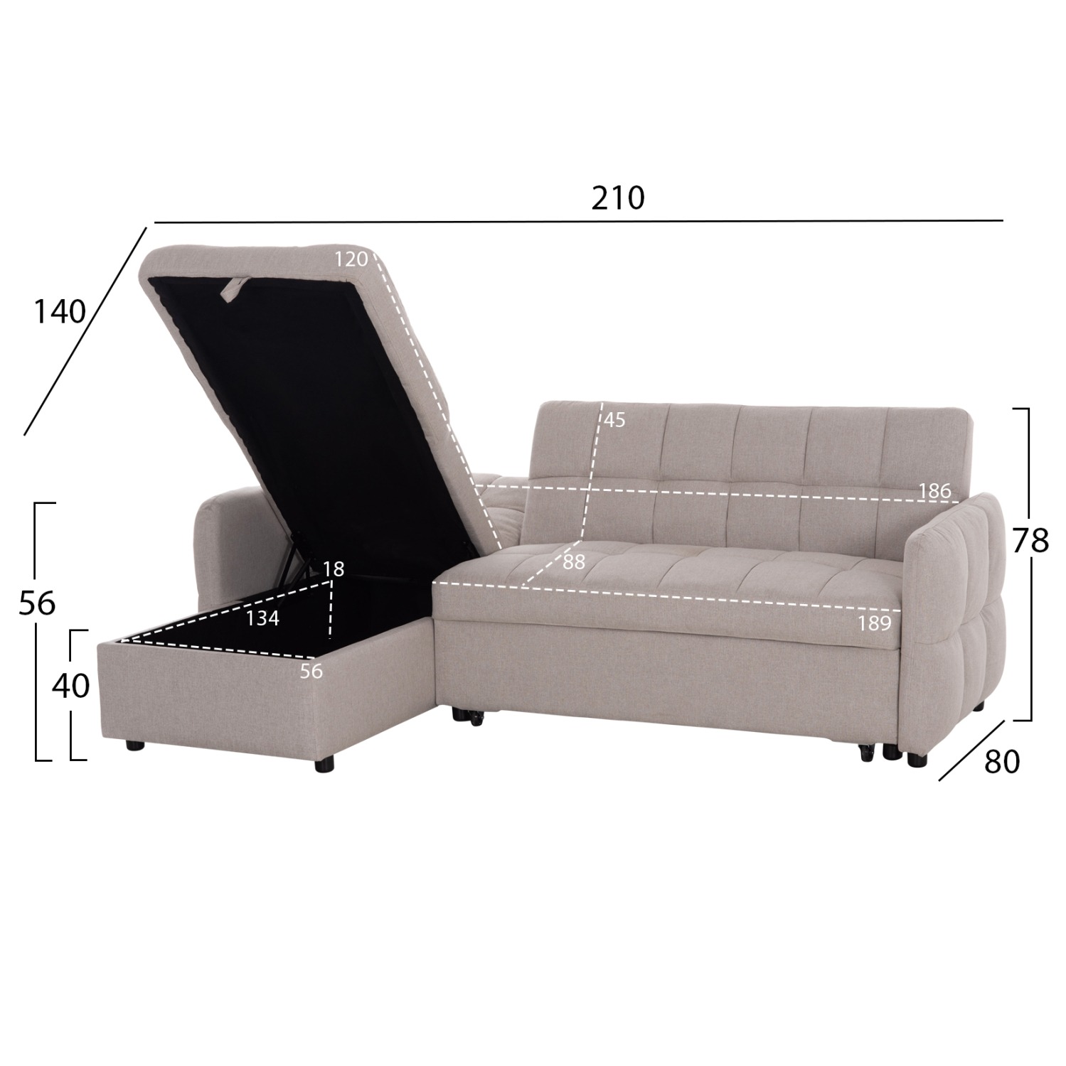 ΓΩΝΙΑΚΟΣ ΚΑΝΑΠΕΣ-ΚΡΕΒΑΤΙ ΑΝΑΣΤΡΕΨΙΜΟΣ NEZU ΜΠΕΖ ΥΦΑΣΜΑ 210x140x78Υεκ. - Image 2