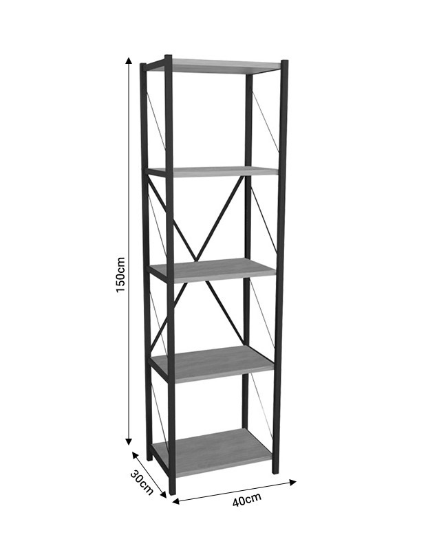 Βιβλιοθήκη Glase oak μελαμίνης-μαύρο μέταλλο 40x30x150εκ - Image 2