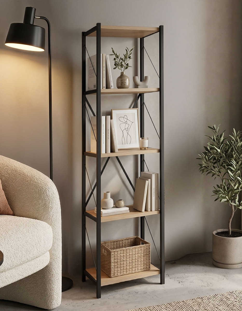 Βιβλιοθήκη Glase oak μελαμίνης-μαύρο μέταλλο 40x30x150εκ
